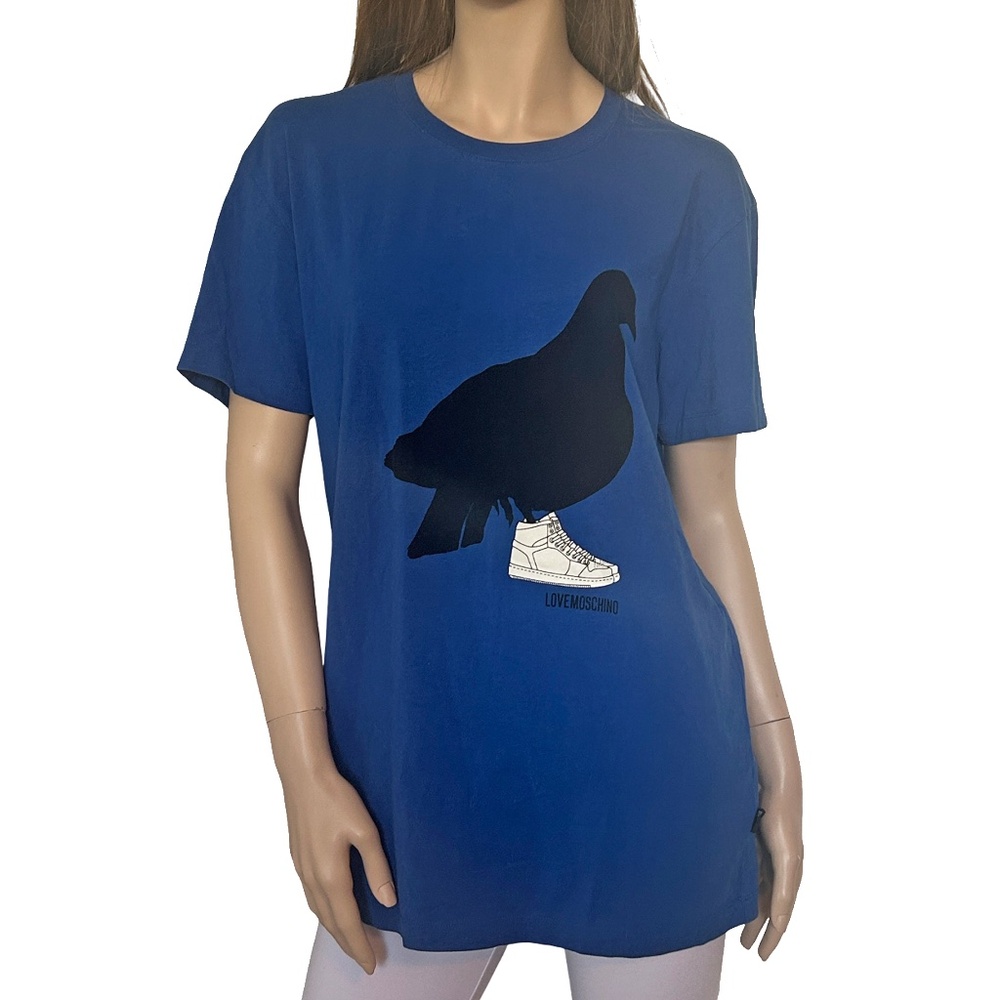 Love Moschino Black Bird Graphic Shirt Pullover Royal Blue Monogrammed UNISEX